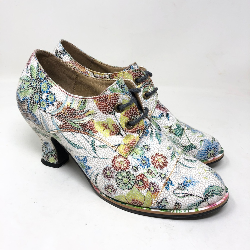 Socofy Womens 38 Floral Lace Up Mosaic Heeled Booties Multi Color Pinup
